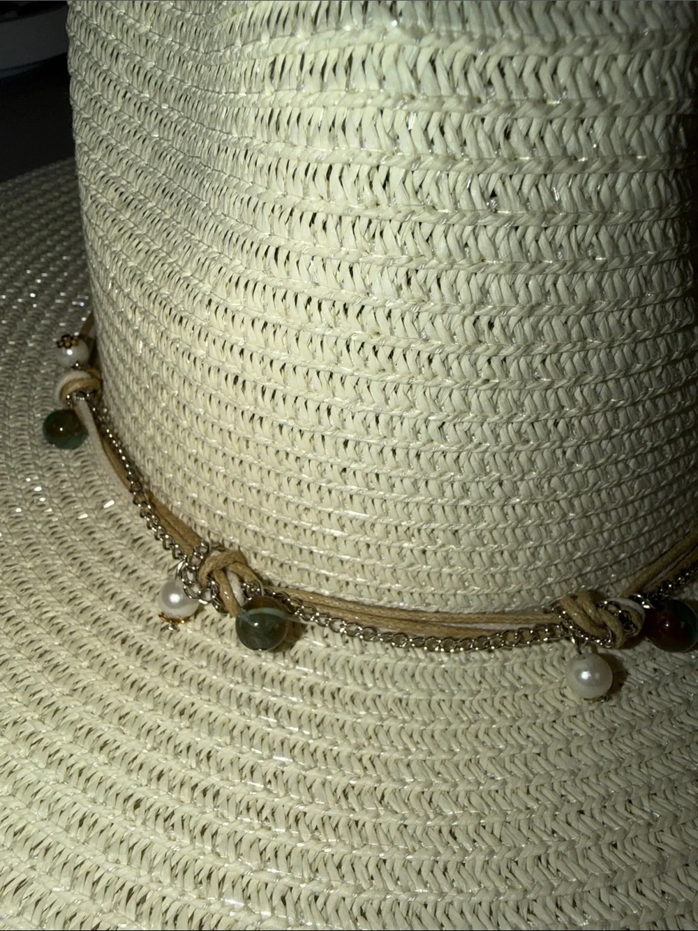 ROYAL Ivory Beaded Silver Tone Chain Triple Cord Tie Coastal Boho Straw Sun Hat